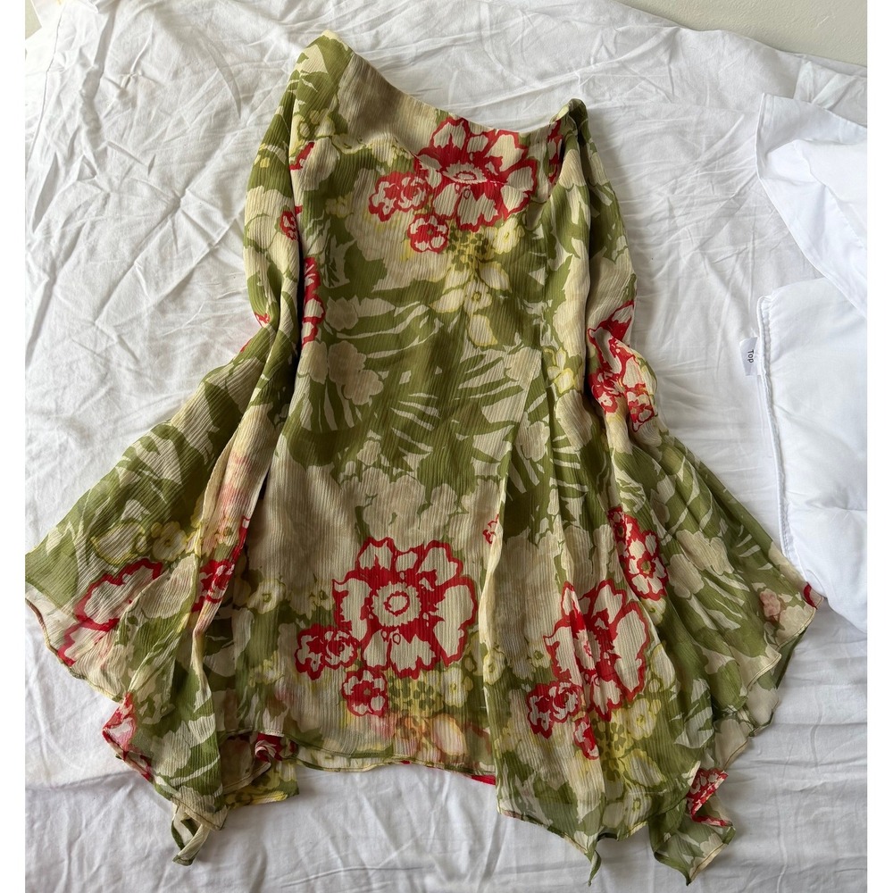 Juliana Collezione 100% Silk Y2K Floral Midi Skirt 8 Green Asymmetrical Hem